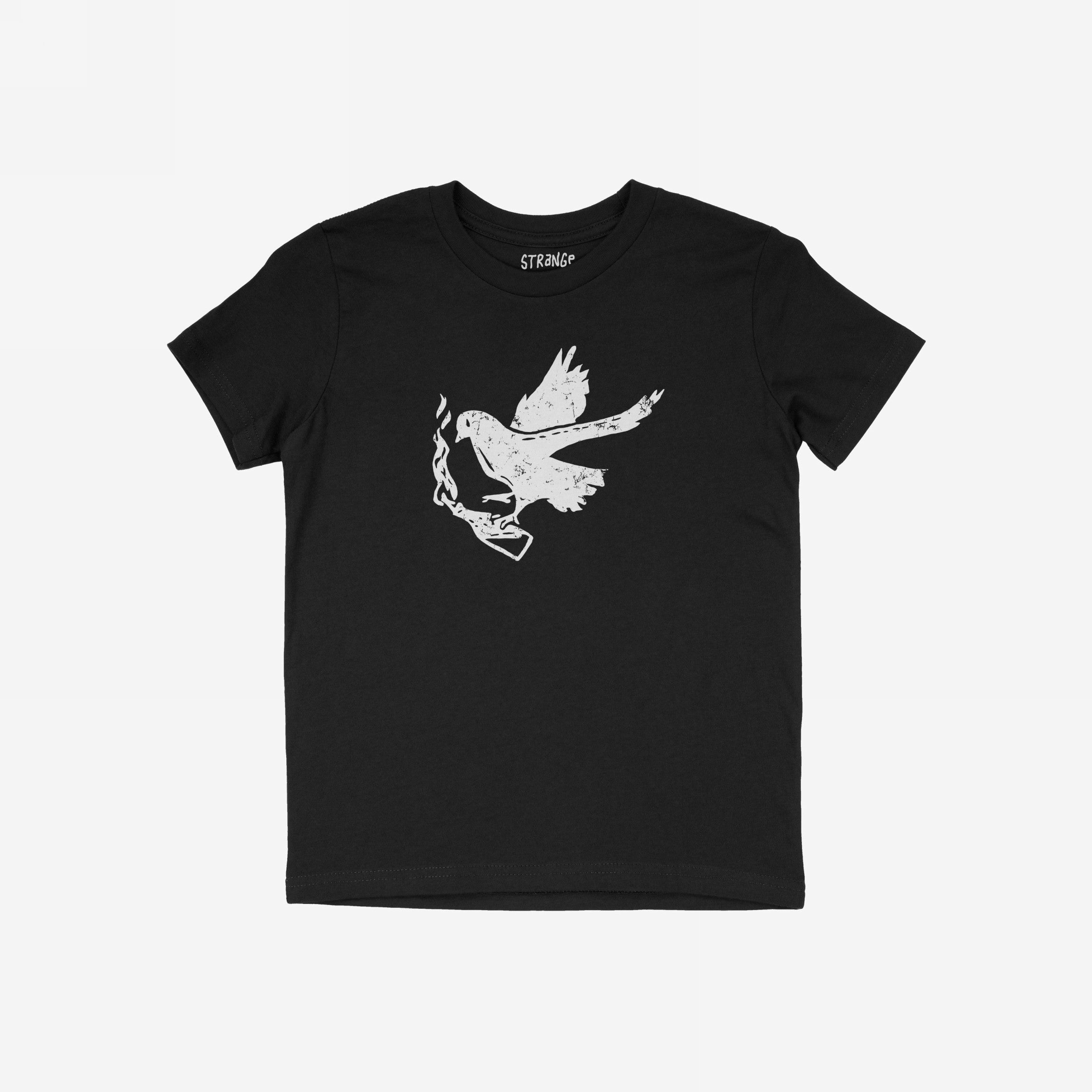 Black crew-neck Molotov Messenger Shirt featuring a distressed white graphic of a dove in flight holding a Molotov cocktail, symbolizing defiant peace. Suitable for rallies, embodying activism and rebellious spirit.