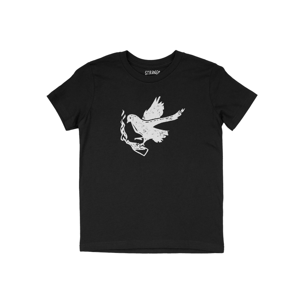 Black crew-neck Molotov Messenger Shirt featuring a distressed white graphic of a dove in flight holding a Molotov cocktail,