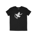 Black crew-neck Molotov Messenger Shirt featuring a distressed white graphic of a dove in flight holding a Molotov cocktail,