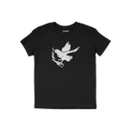 Black crew-neck Molotov Messenger Shirt featuring a distressed white graphic of a dove in flight holding a Molotov cocktail,