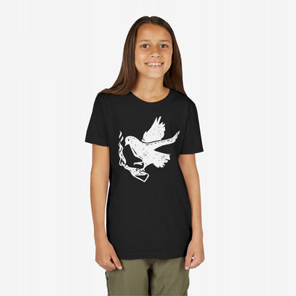 Young girl in a Molotov Messenger T-shirt featuring a white dove clutching a Molotov cocktail. The distressed design symbolizes resistance and action, embodying a message of peace through disruption.