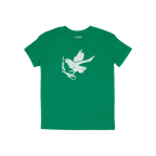 Molotov Messenger Shirt: A green T-shirt showcasing a distressed white dove holding a Molotov cocktail, symbolizing defiant a