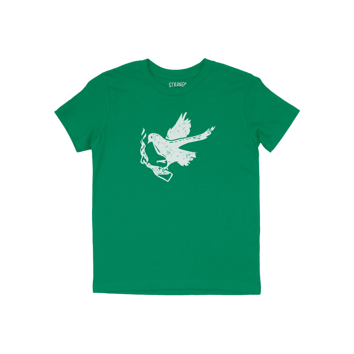 Molotov Messenger Shirt: A green T-shirt showcasing a distressed white dove holding a Molotov cocktail, symbolizing defiant a
