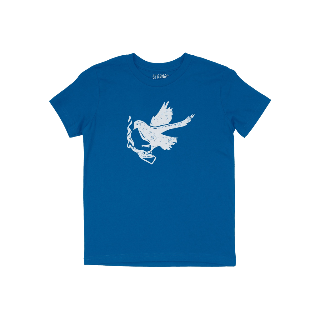 Molotov Messenger Shirt: A blue T-shirt featuring a white graphic of a bird in flight clutching a lit lighter, embodying defi