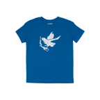 Molotov Messenger Shirt: A blue T-shirt featuring a white graphic of a bird in flight clutching a lit lighter, embodying defi