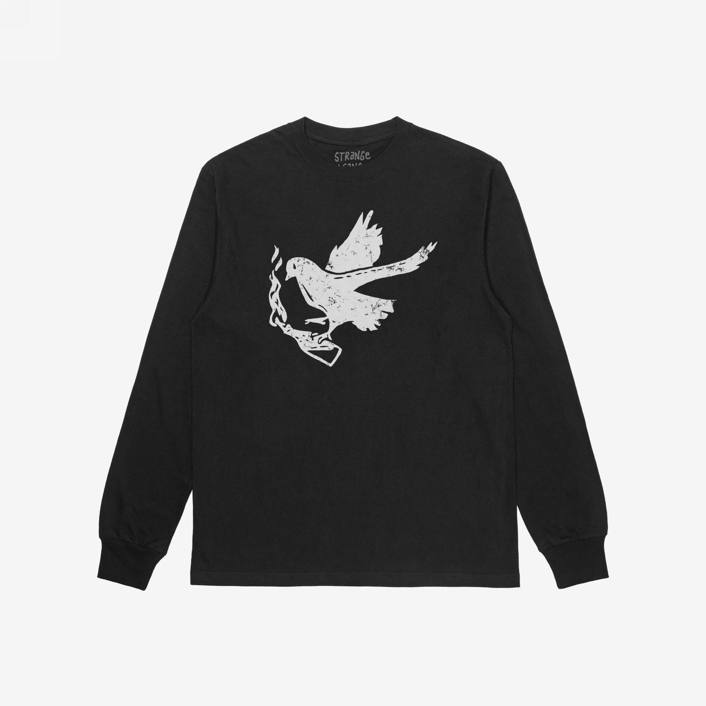 Molotov Messenger Shirt: Black long-sleeved tee with a distressed dove clutching a lit Molotov cocktail graphic, embodying defiant activism and punk grit. Perfect for expressing peaceful rebellion and supporting causes.