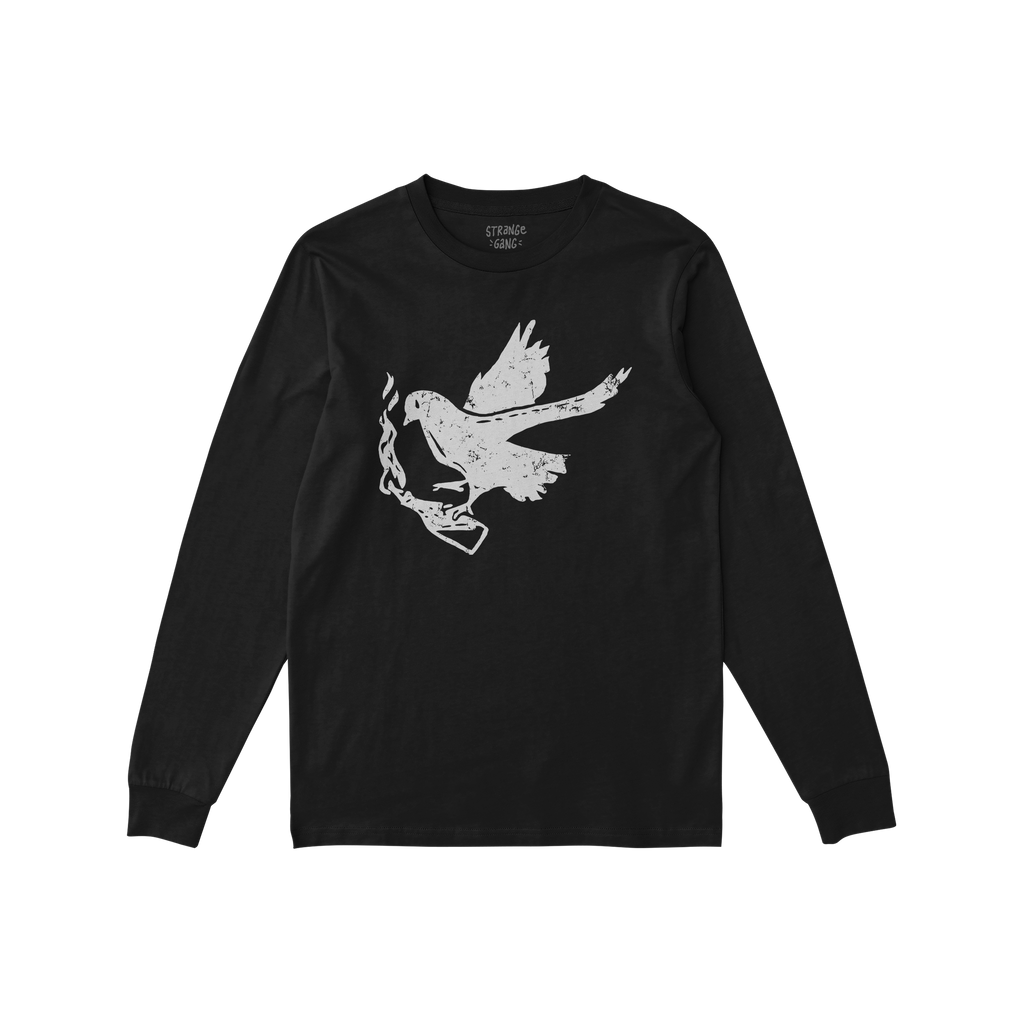 Molotov Messenger Shirt: Black long-sleeved tee with a distressed dove clutching a lit Molotov cocktail graphic, embodying de