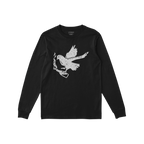 Molotov Messenger Shirt: Black long-sleeved tee with a distressed dove clutching a lit Molotov cocktail graphic, embodying de