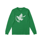 The Molotov Messenger Shirt features a hand-drawn dove with a Molotov cocktail, symbolizing defiant peace. This green long-sl