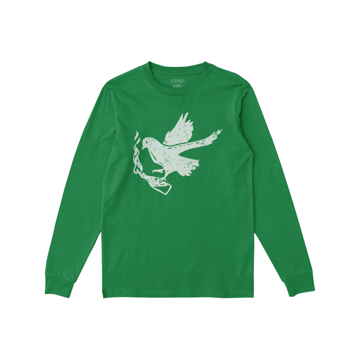 The Molotov Messenger Shirt features a hand-drawn dove with a Molotov cocktail, symbolizing defiant peace. This green long-sl