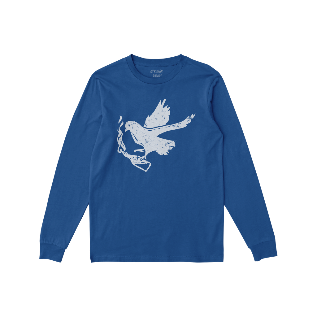Molotov Messenger Shirt: A royal-blue, long-sleeve crew-neck featuring a distressed white silhouette of a dove in flight, clu
