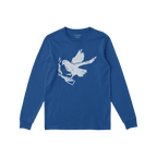 Molotov Messenger Shirt: A royal-blue, long-sleeve crew-neck featuring a distressed white silhouette of a dove in flight, clu