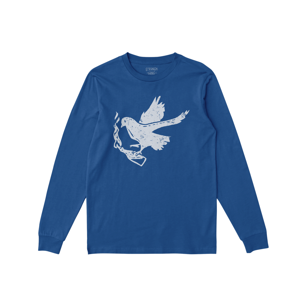 Molotov Messenger Shirt: A royal-blue, long-sleeve crew-neck featuring a distressed white silhouette of a dove in flight, clu