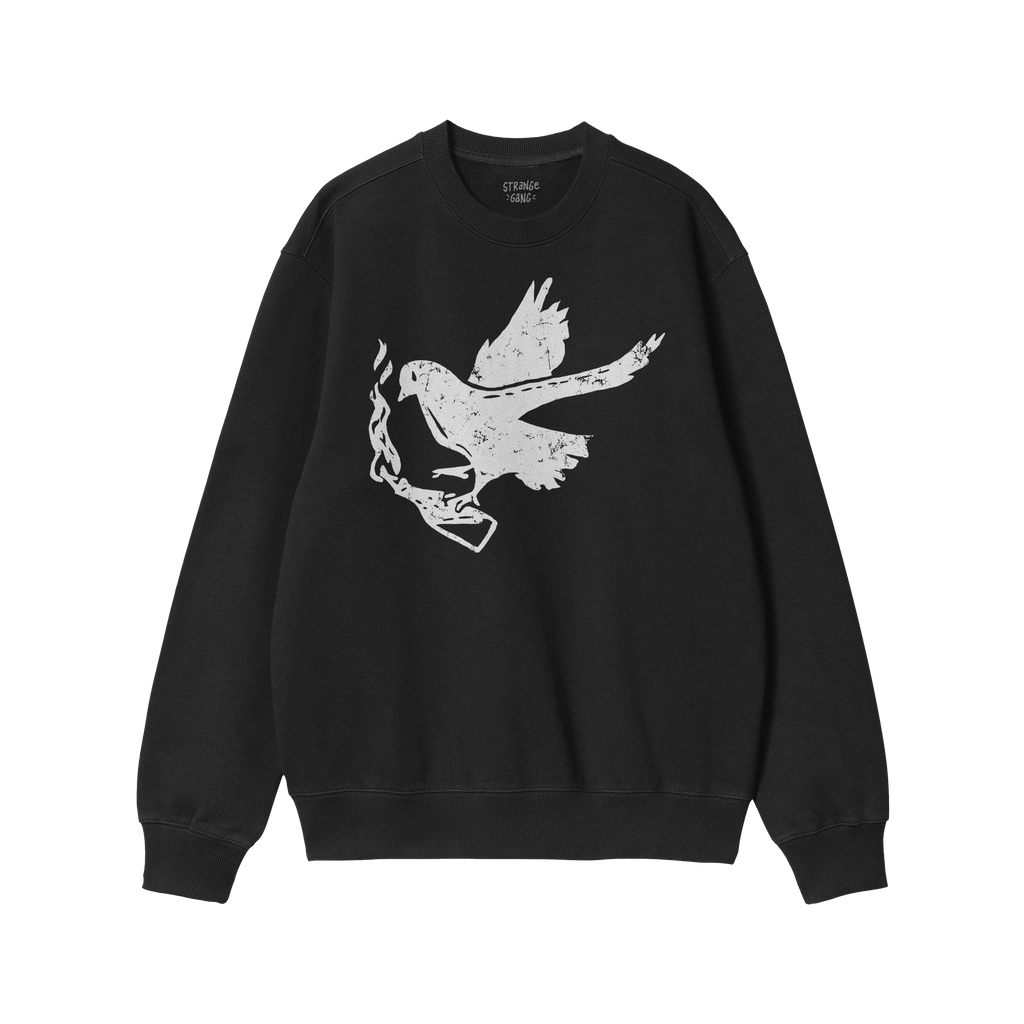 Molotov Messenger Shirt: Black crewneck sweatshirt featuring a distressed white graphic of a dove in flight holding a smoking