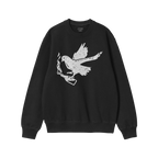 Molotov Messenger Shirt: Black crewneck sweatshirt featuring a distressed white graphic of a dove in flight holding a smoking