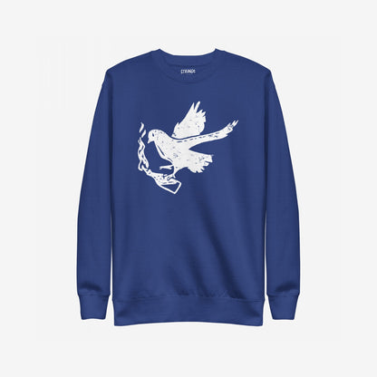 Molotov Messenger Sweatshirt: A cobalt-blue crewneck featuring a distressed white dove clutching a flaming Molotov cocktail, symbolizing the blend of peace and protest. Ideal for making a bold statement.