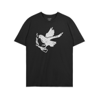 Black Molotov Messenger Shirt with a distressed white graphic of a bird clutching a smoking handgun, symbolizing defiant peac