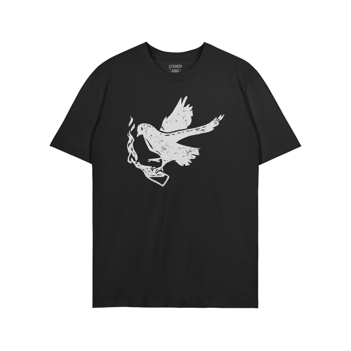 Black Molotov Messenger Shirt with a distressed white graphic of a bird clutching a smoking handgun, symbolizing defiant peac