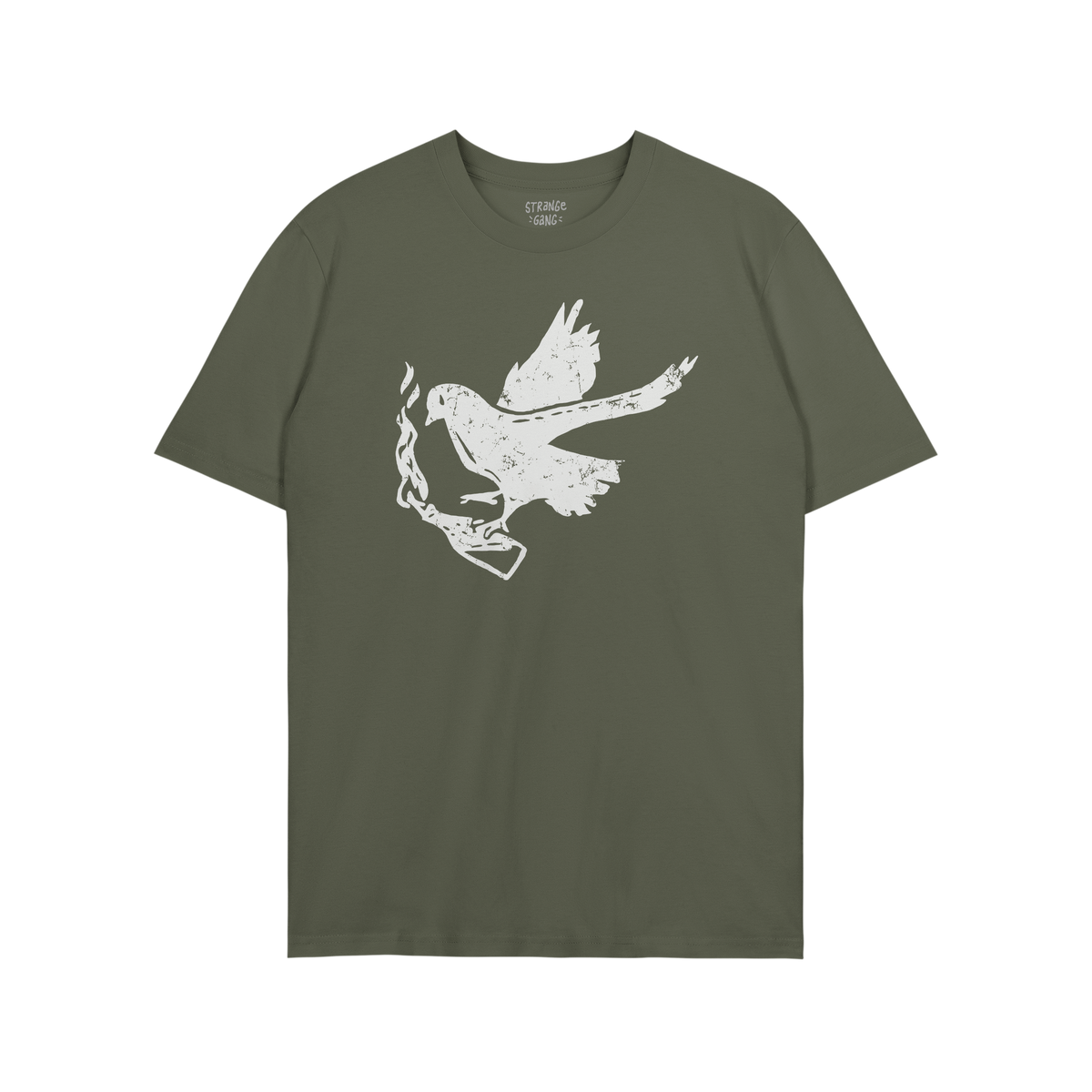 Molotov Messenger Shirt featuring a hand-drawn dove clutching a flaming bottle, symbolizing defiant peace. Ideal for activist