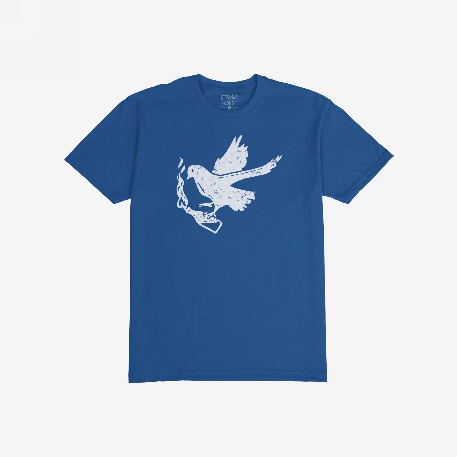Molotov Messenger T-shirt featuring a distressed white graphic of a stylized bird clutching a smoking cigarette butt in its talons, symbolizing resistance and action. Available in men/unisex and kids sizes.
