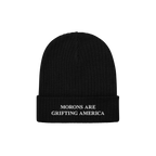A black ribbed cuffed beanie with white embroidery on the front that reads "MORONS ARE GRIFTING AMERICA." This anti-MAGA bean