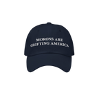 Navy blue dad hat with striking white embroidery of "Morons Are Grifting America" across the front — a sleek, understated t