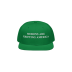 Kelly green snapback hat with white embroidery of the phrase "Morons Are Grifting America," designed as a sharp anti-MAGA pol