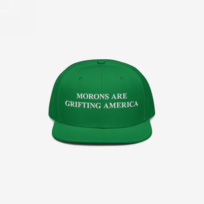 The Morons Are Grifting America Hat features bold white embroidery on a flat-bill snapback, offering a candid political statement for those seeking truth and equality.