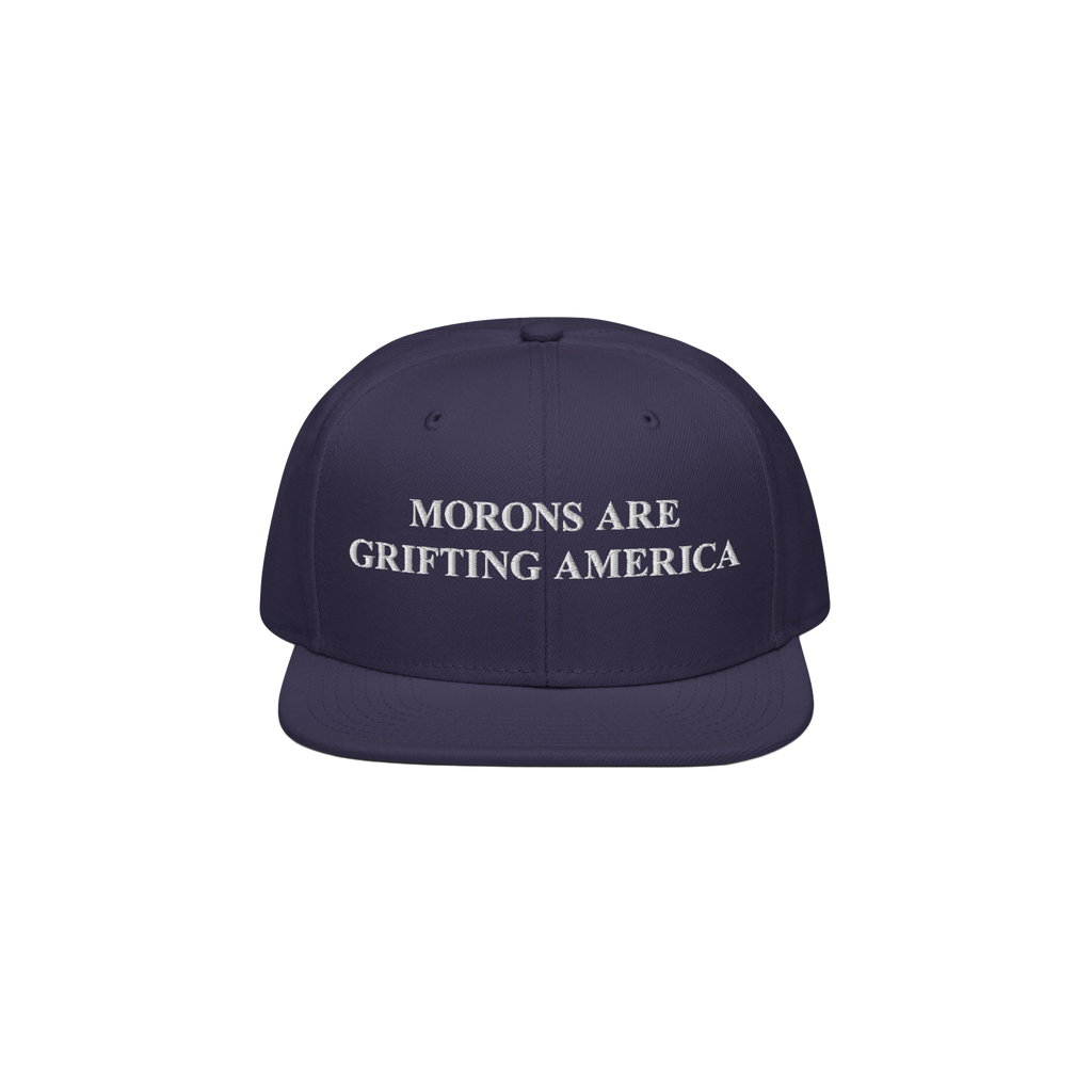 Navy blue snapback hat featuring white embroidered text "Morons Are Grifting America," delivering a clean and direct anti-MAG