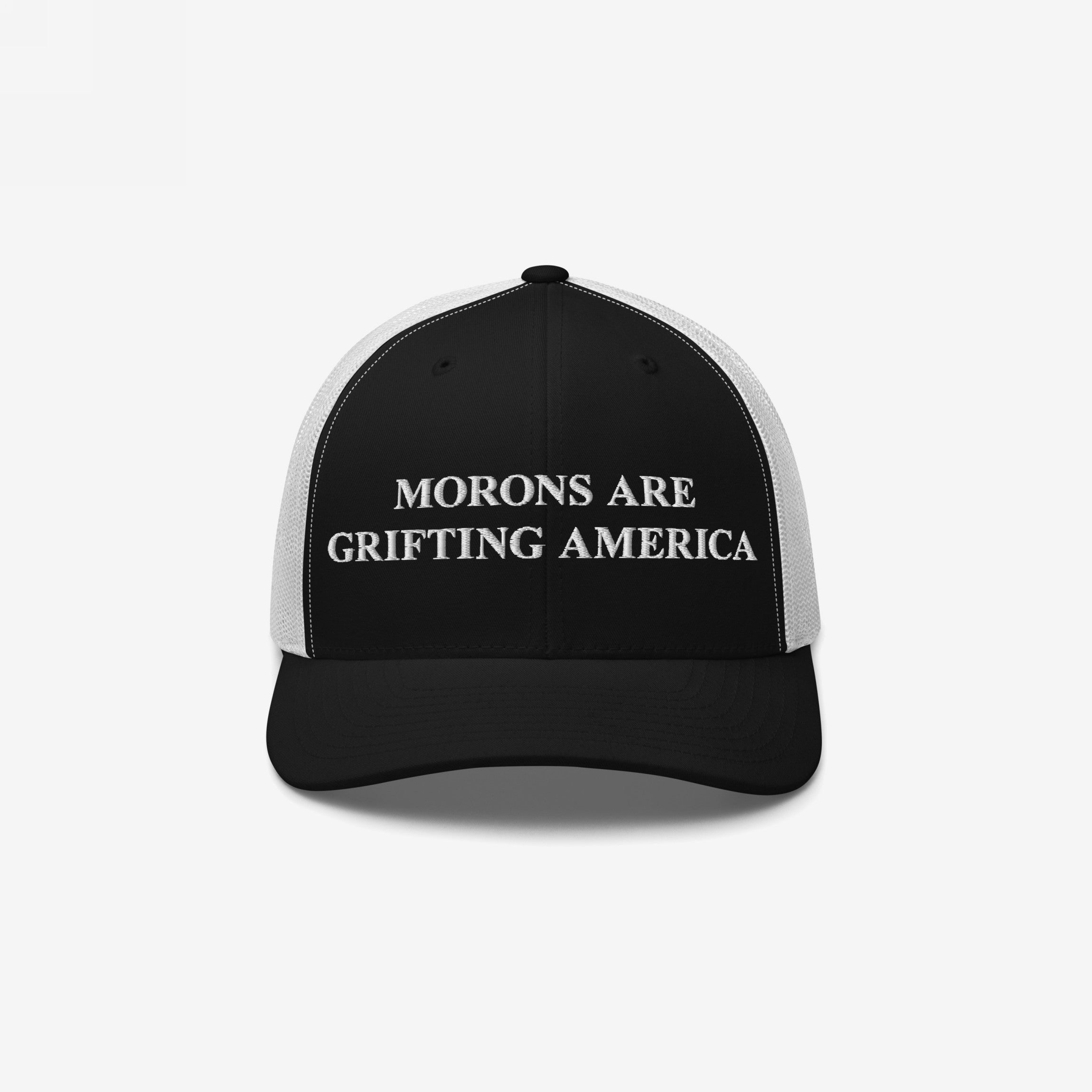 Retro black and white trucker hat with bold anti-MAGA message embroidered in white: "Morons Are Grifting America"