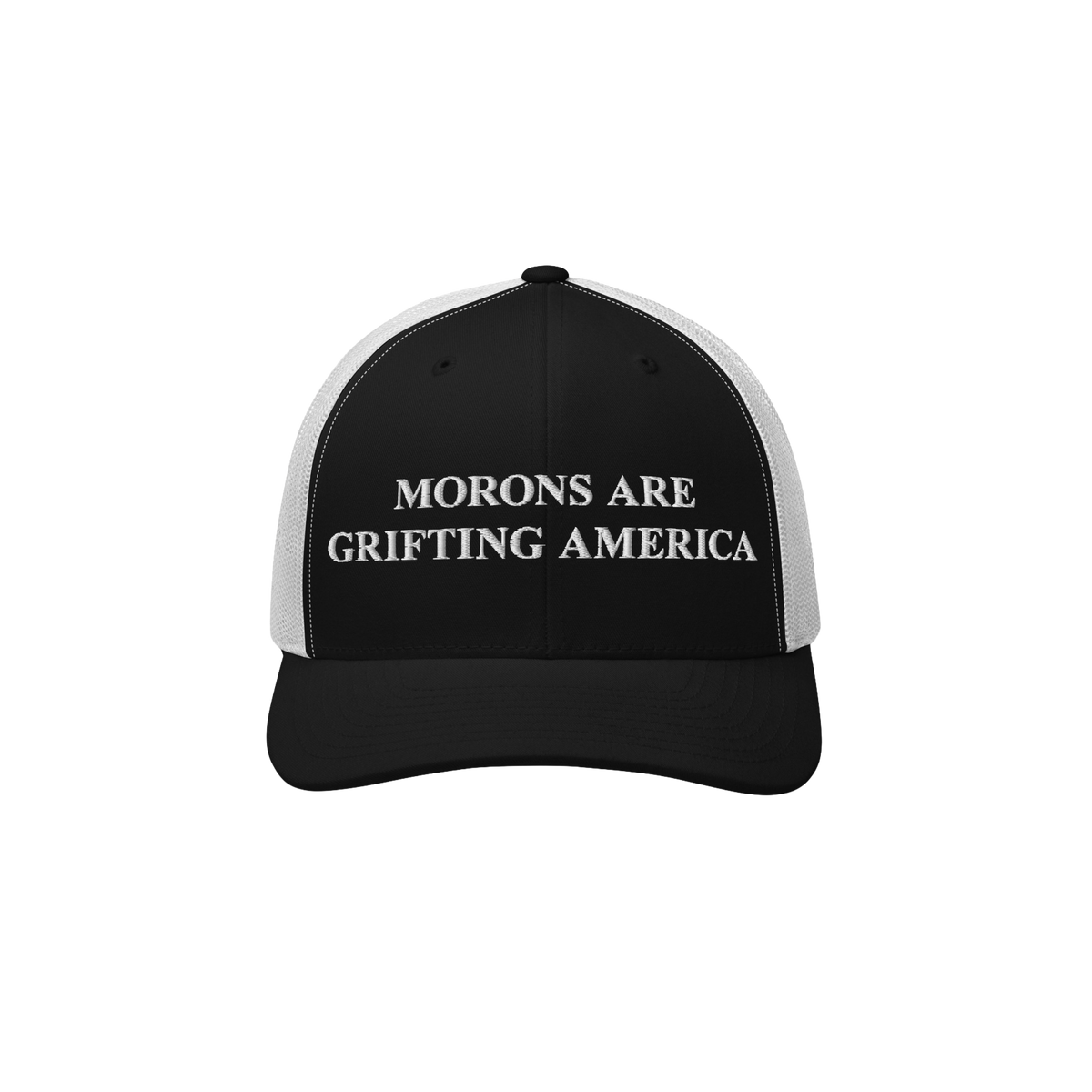Retro black and white trucker hat with bold anti-MAGA message embroidered in white: "Morons Are Grifting America"