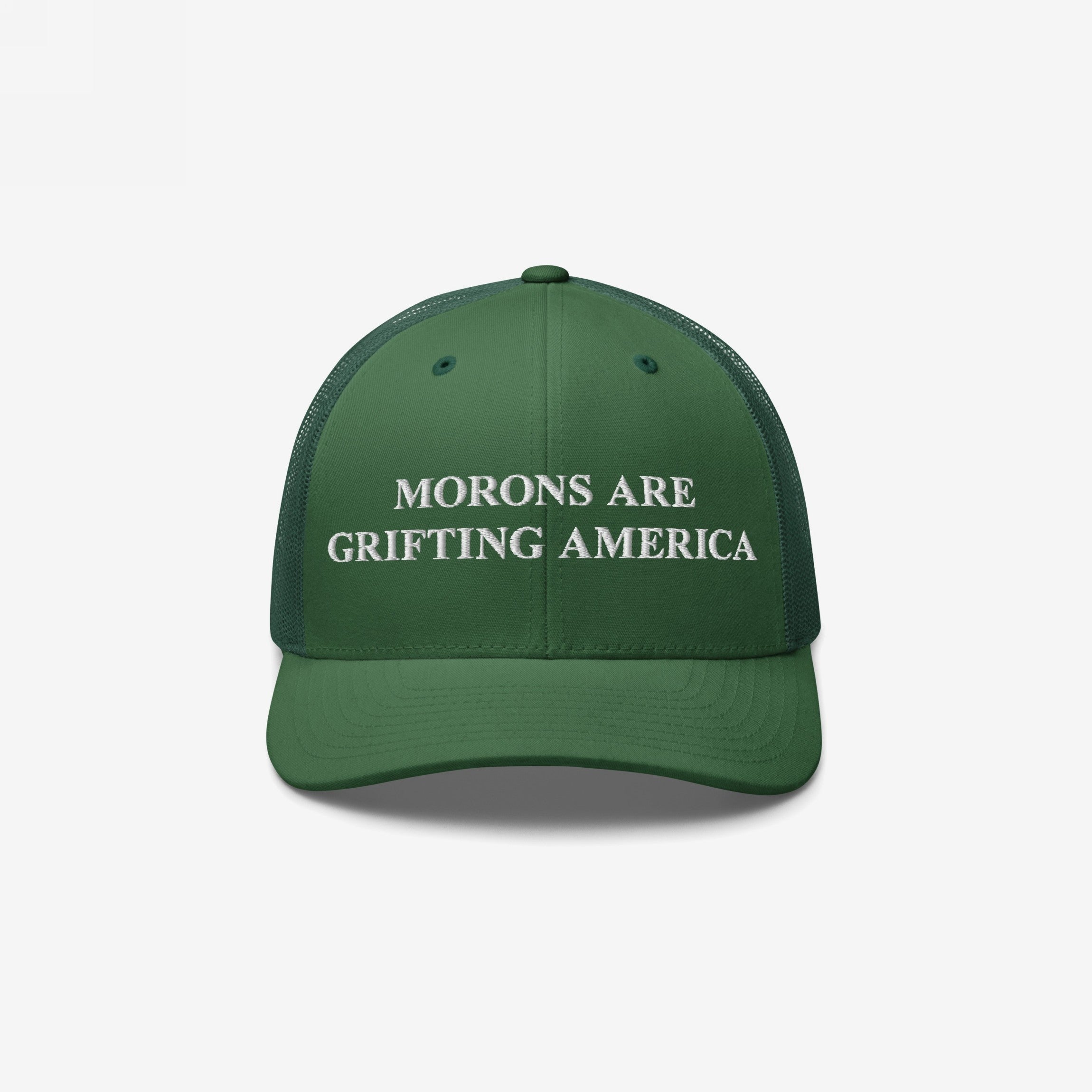 Retro green trucker hat featuring embroidered anti-MAGA message: "Morons Are Grifting America"