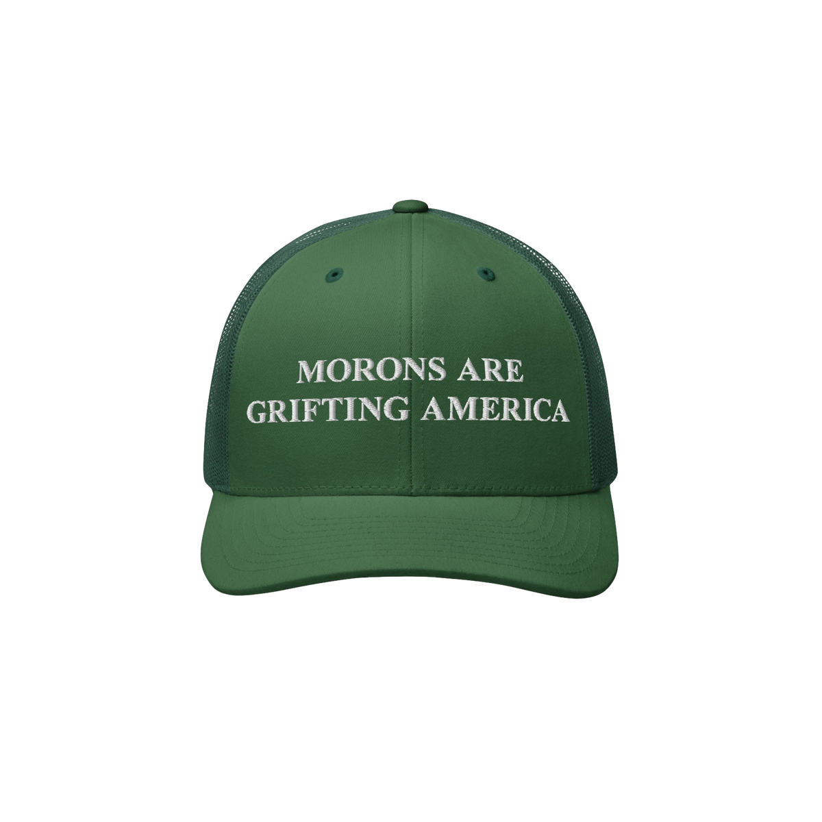 Retro green trucker hat featuring embroidered anti-MAGA message: "Morons Are Grifting America"