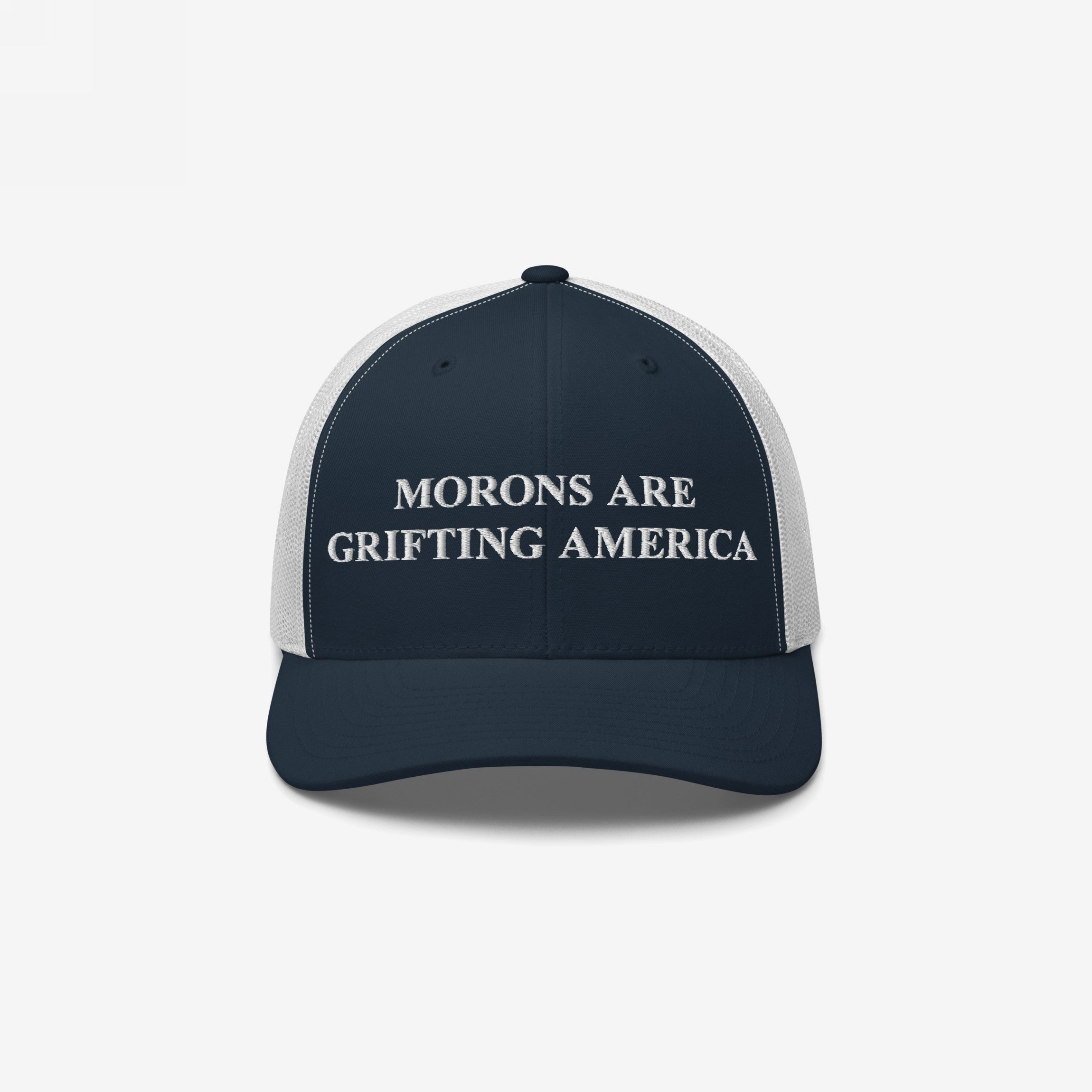 Classic navy blue and white retro trucker hat with anti-MAGA slogan: "Morons Are Grifting America"