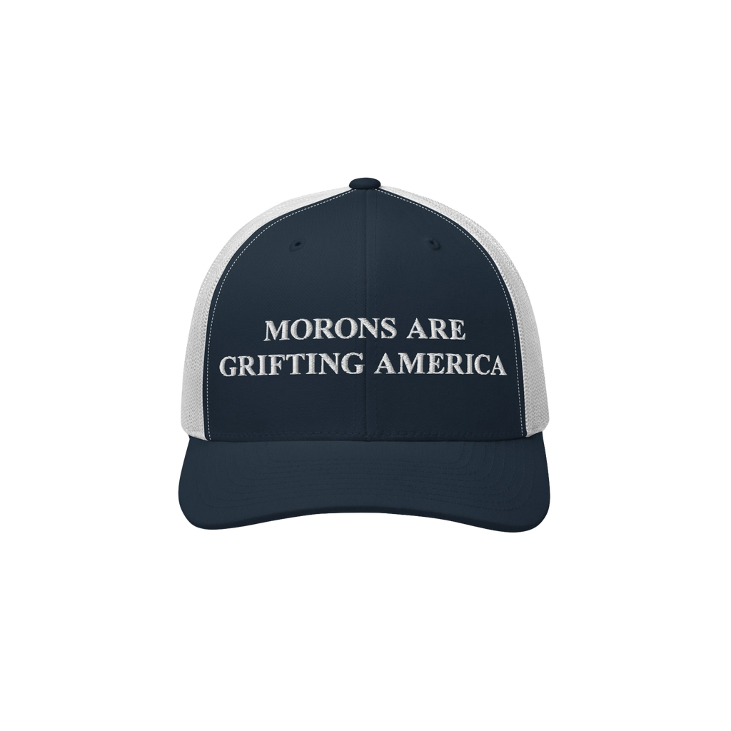 Classic navy blue and white retro trucker hat with anti-MAGA slogan: "Morons Are Grifting America"