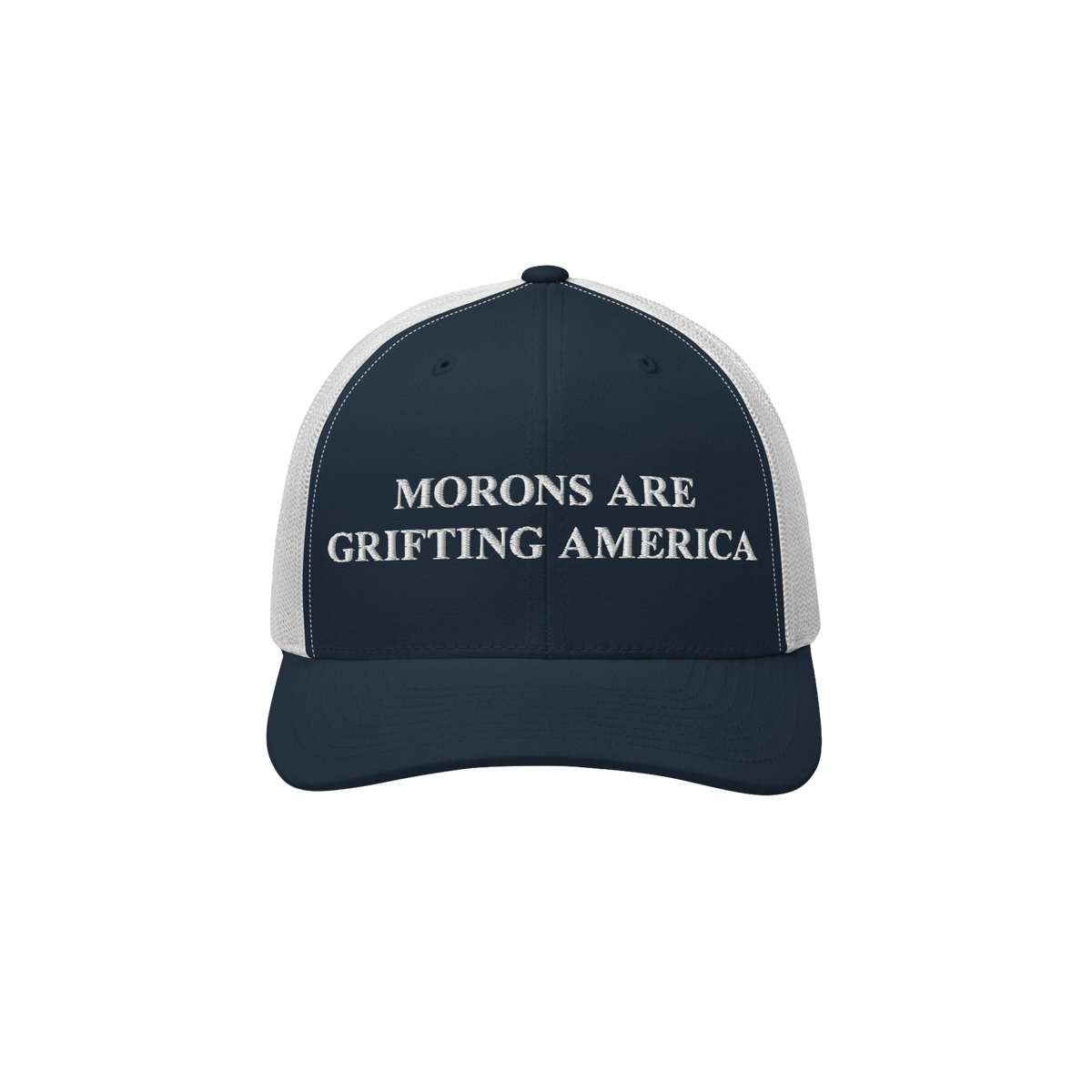 Classic navy blue and white retro trucker hat with anti-MAGA slogan: "Morons Are Grifting America"
