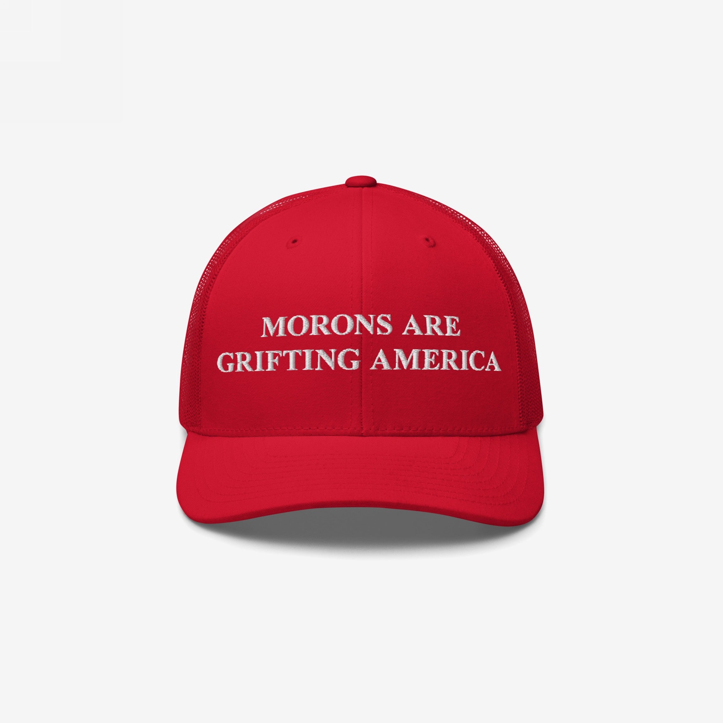 Retro red trucker hat with mesh back and anti-MAGA message: "Morons Are Grifting America" embroidered in white