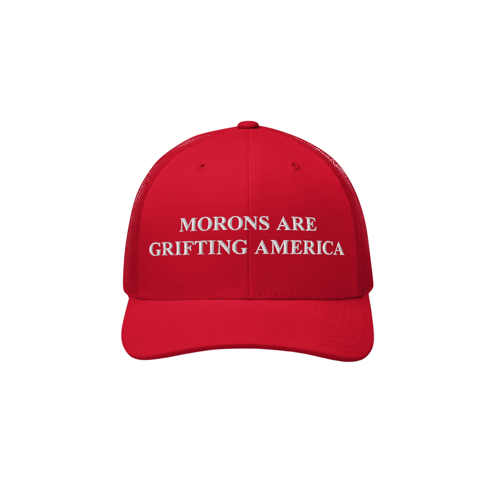 Retro red trucker hat with mesh back and anti-MAGA message: "Morons Are Grifting America" embroidered in white