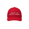 Retro red trucker hat with mesh back and anti-MAGA message: "Morons Are Grifting America" embroidered in white
