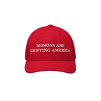 Retro red trucker hat with mesh back and anti-MAGA message: "Morons Are Grifting America" embroidered in white