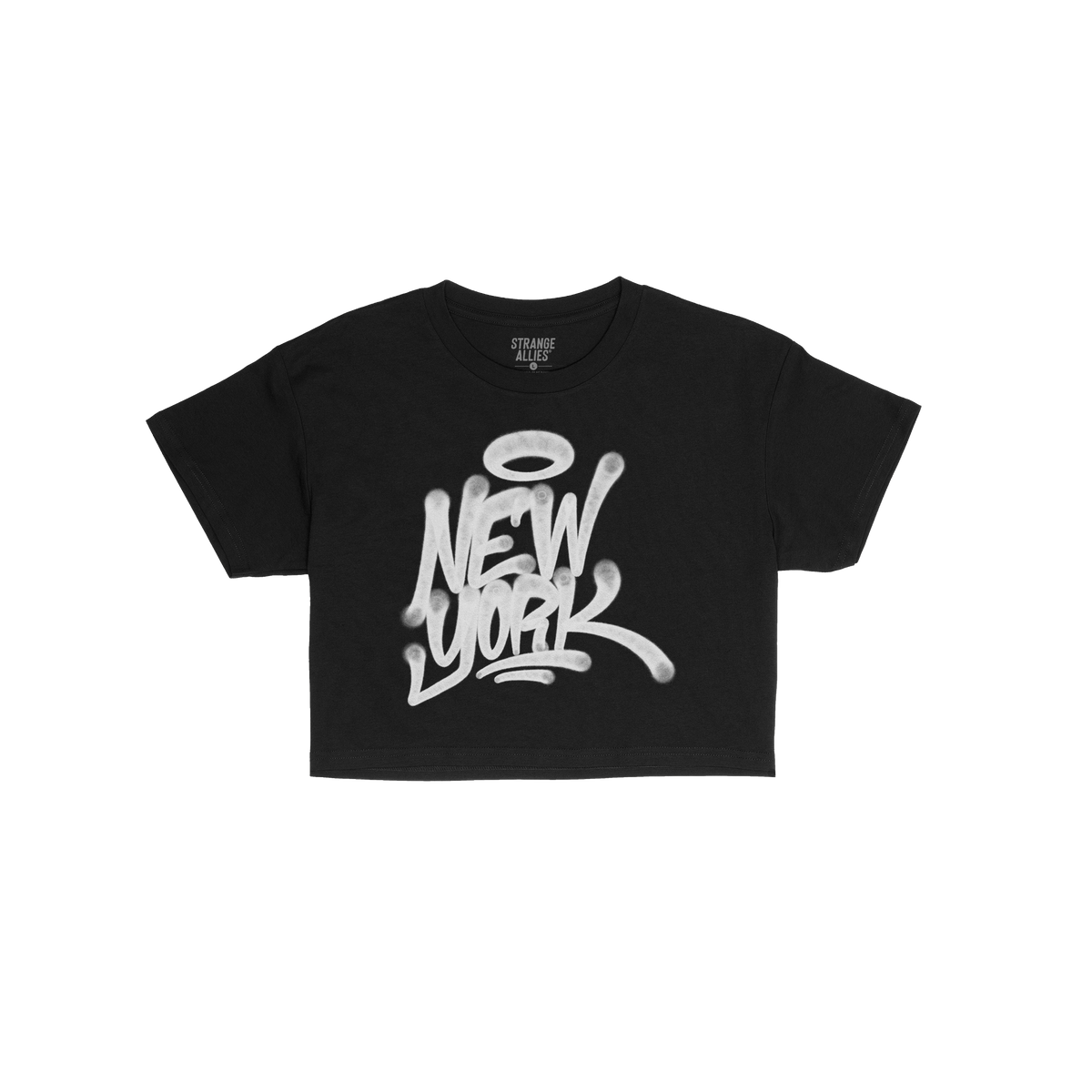 New York Handstyle Women's Baby Tee: Black crew-neck tee with NEW YORK in bold, graffiti-style white letters and halo icon, e