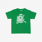 New York Handstyle Women's Baby Tee featuring a white graffiti-style New York with a halo graphic on a green short-sleeve shirt. Brand name STRANGE ALLIES visible inside the collar.