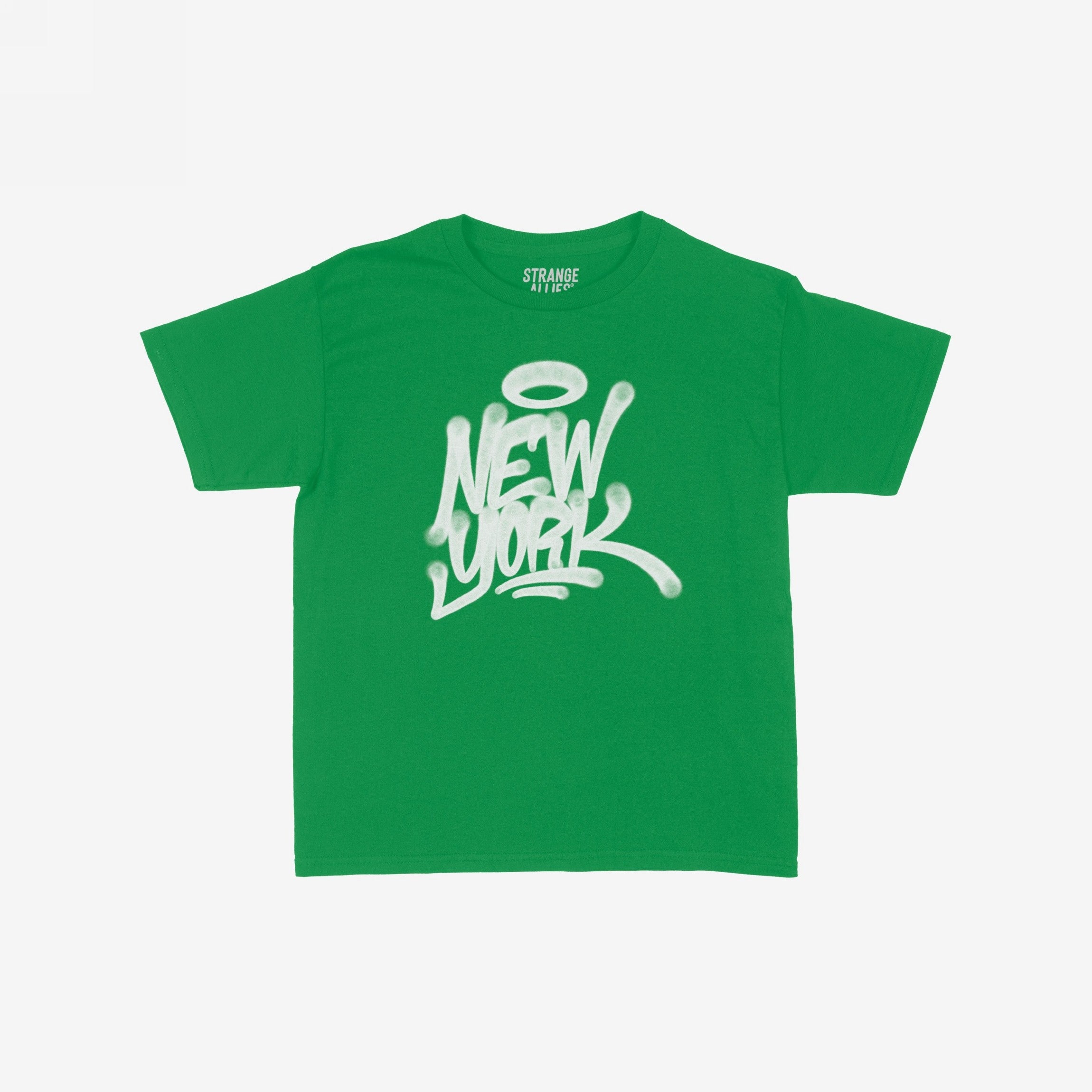 New York Handstyle Women's Baby Tee featuring a white graffiti-style New York with a halo graphic on a green short-sleeve shirt. Brand name STRANGE ALLIES visible inside the collar.
