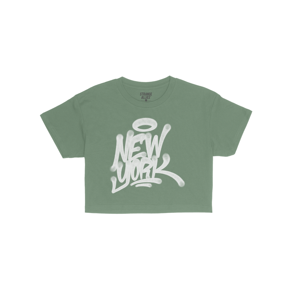 New York Handstyle Women's Baby Tee featuring a white graffiti-style New York with a halo graphic on a green short-sleeve shi