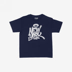 Navy-blue New York Handstyle Women's Baby Tee featuring graffiti-style “NEW YORK” with a halo. Laid flat, emphasizing bold urban style and artistic flair. Neck label reads “STRANGE ALLIES.”