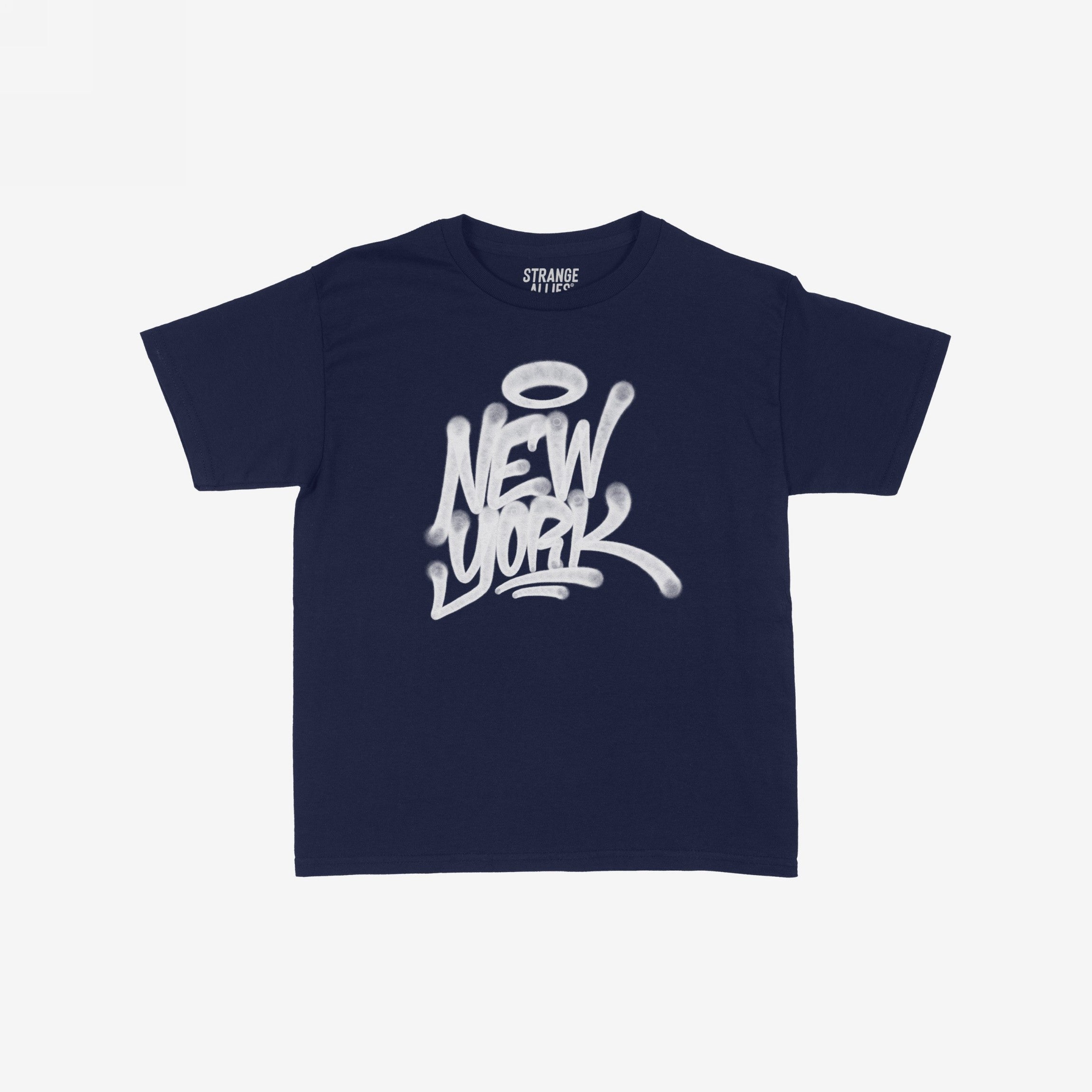 Navy-blue New York Handstyle Women's Baby Tee featuring graffiti-style “NEW YORK” with a halo. Laid flat, emphasizing bold urban style and artistic flair. Neck label reads “STRANGE ALLIES.”