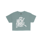 Navy-blue New York Handstyle Women's Baby Tee featuring graffiti-style “NEW YORK” with a halo. Laid flat, emphasizing bol