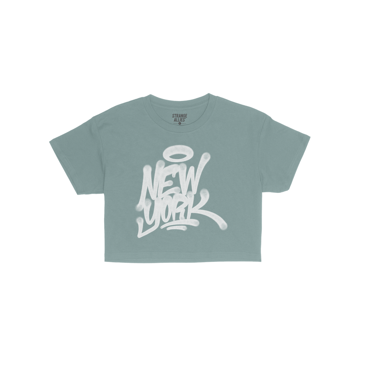Navy-blue New York Handstyle Women's Baby Tee featuring graffiti-style “NEW YORK” with a halo. Laid flat, emphasizing bol