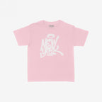 Pale-pink New York Handstyle Women's Baby Tee featuring a white graffiti-style New York graphic with a halo. Designed for a fitted or relaxed look, embodying bold NYC spirit. Label reads “STRANGE ALLIES.”