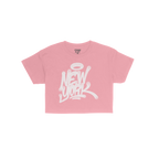 Pale-pink New York Handstyle Women's Baby Tee featuring a white graffiti-style New York graphic with a halo. Designed for a f